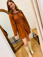 Embroidery Square Neck Corduroy Dress