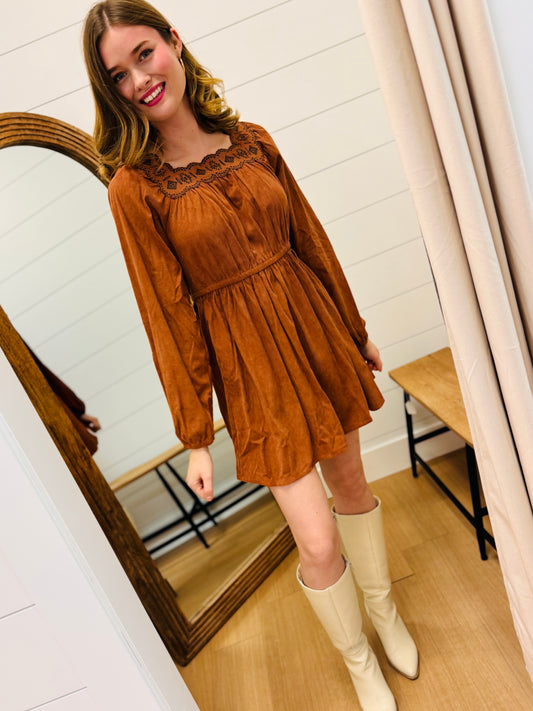 Embroidery Square Neck Corduroy Dress