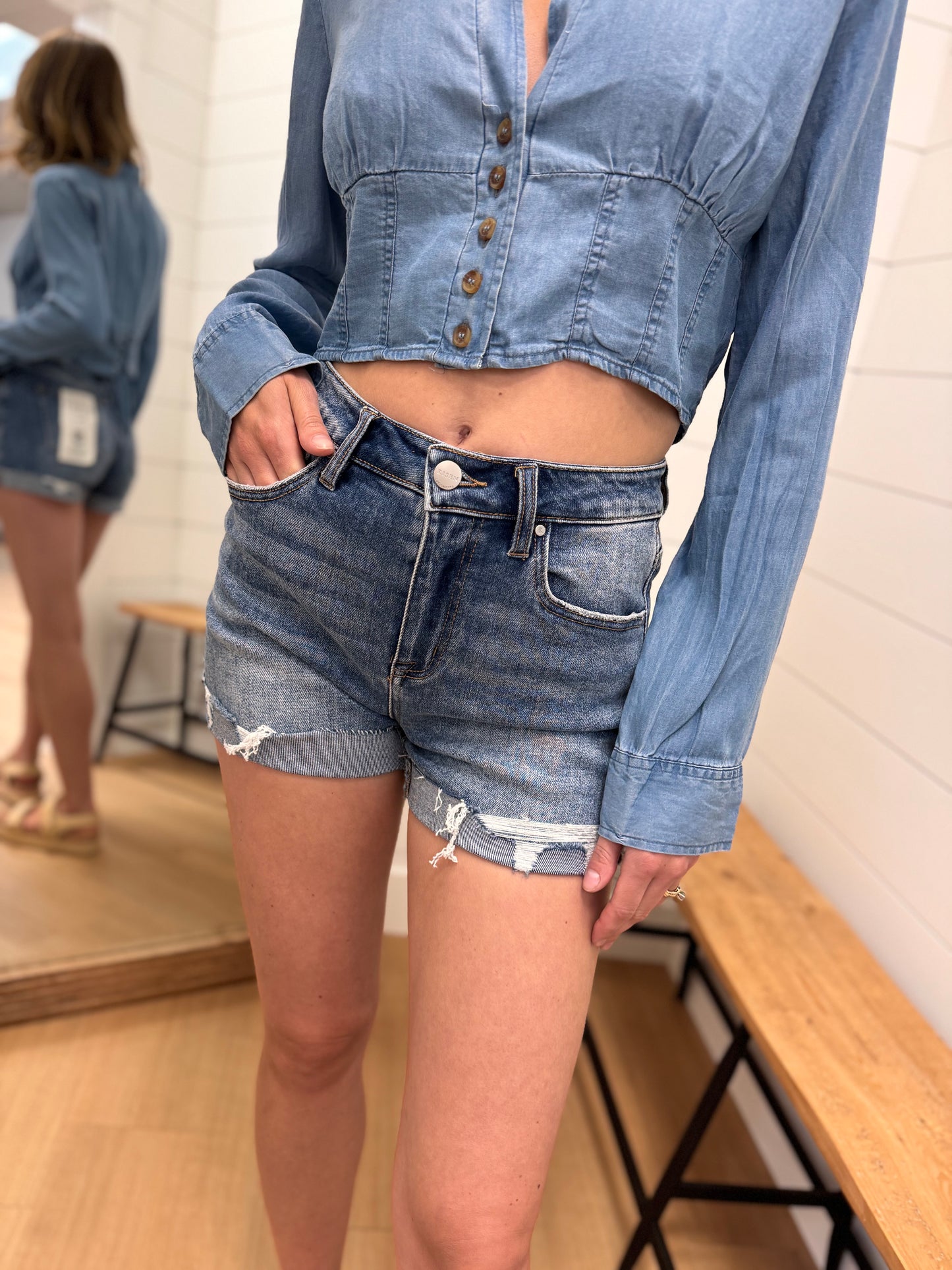 High Rise Ripped Hem Shorts - Risen