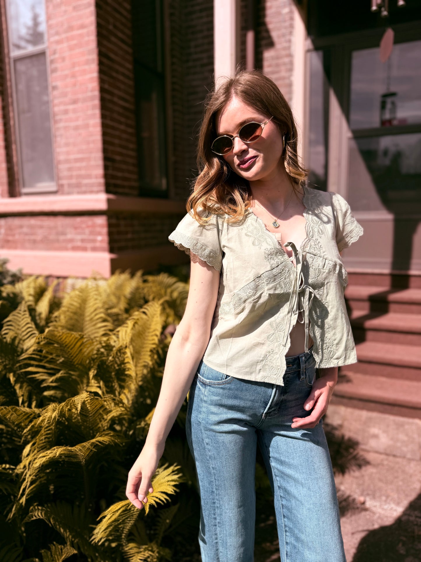 Scalloped Embroidered Front Tie Lace Trim Top