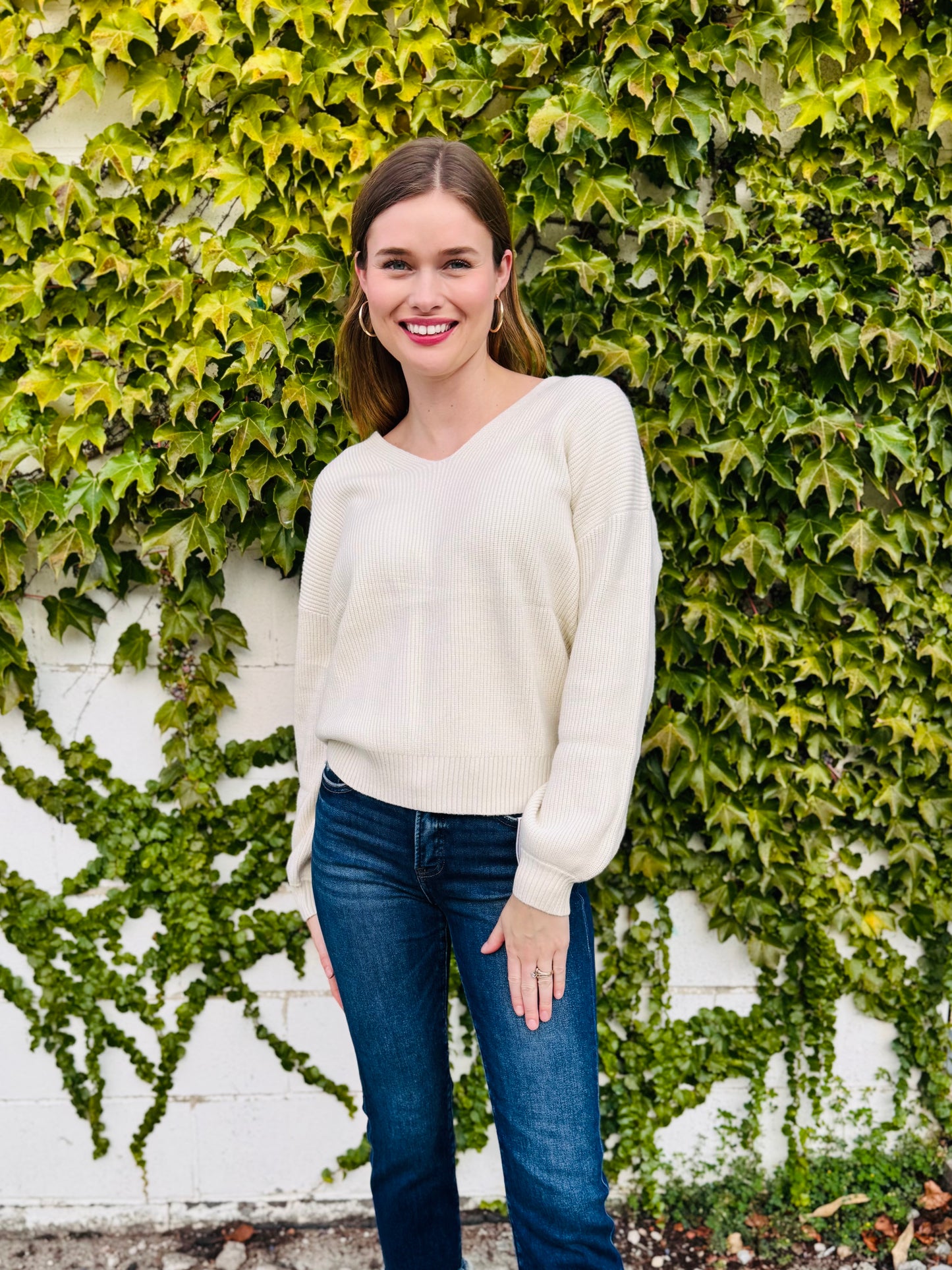 V Neck Drop Shoulder Back Bow Tie Detail Sweater