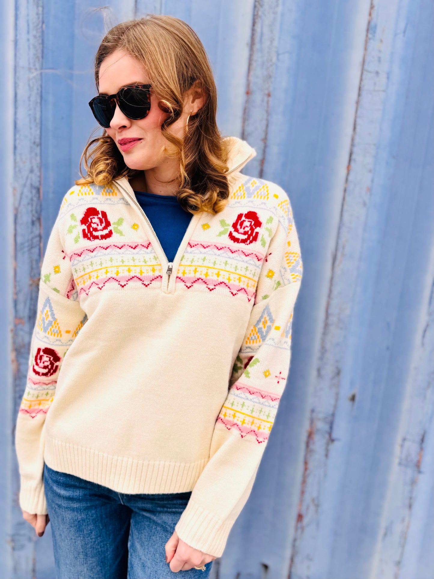 Rose Fair Isle Half Zip Knit Pullover Sweater