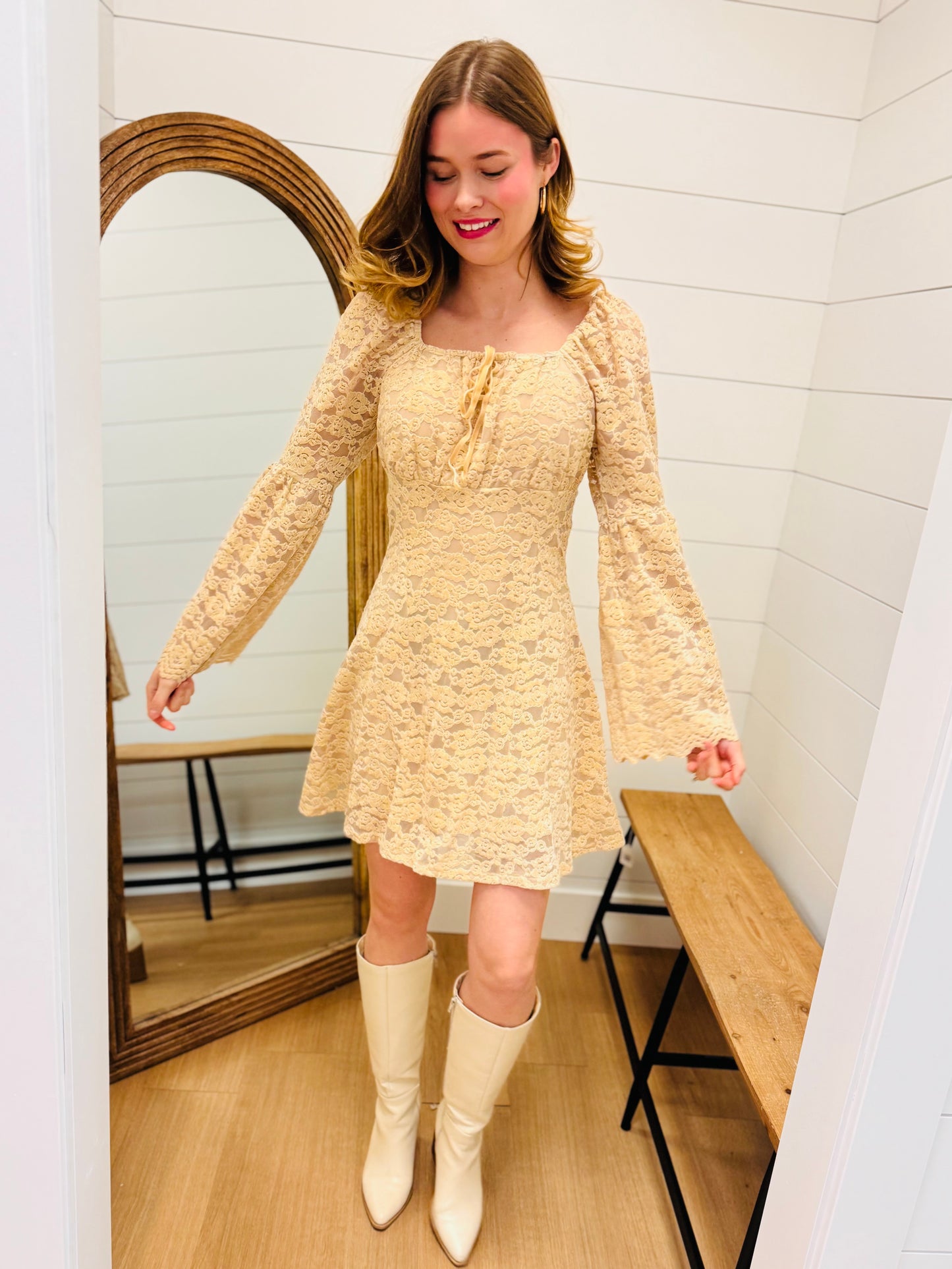 Textured Lace Bell Sleeve Dress