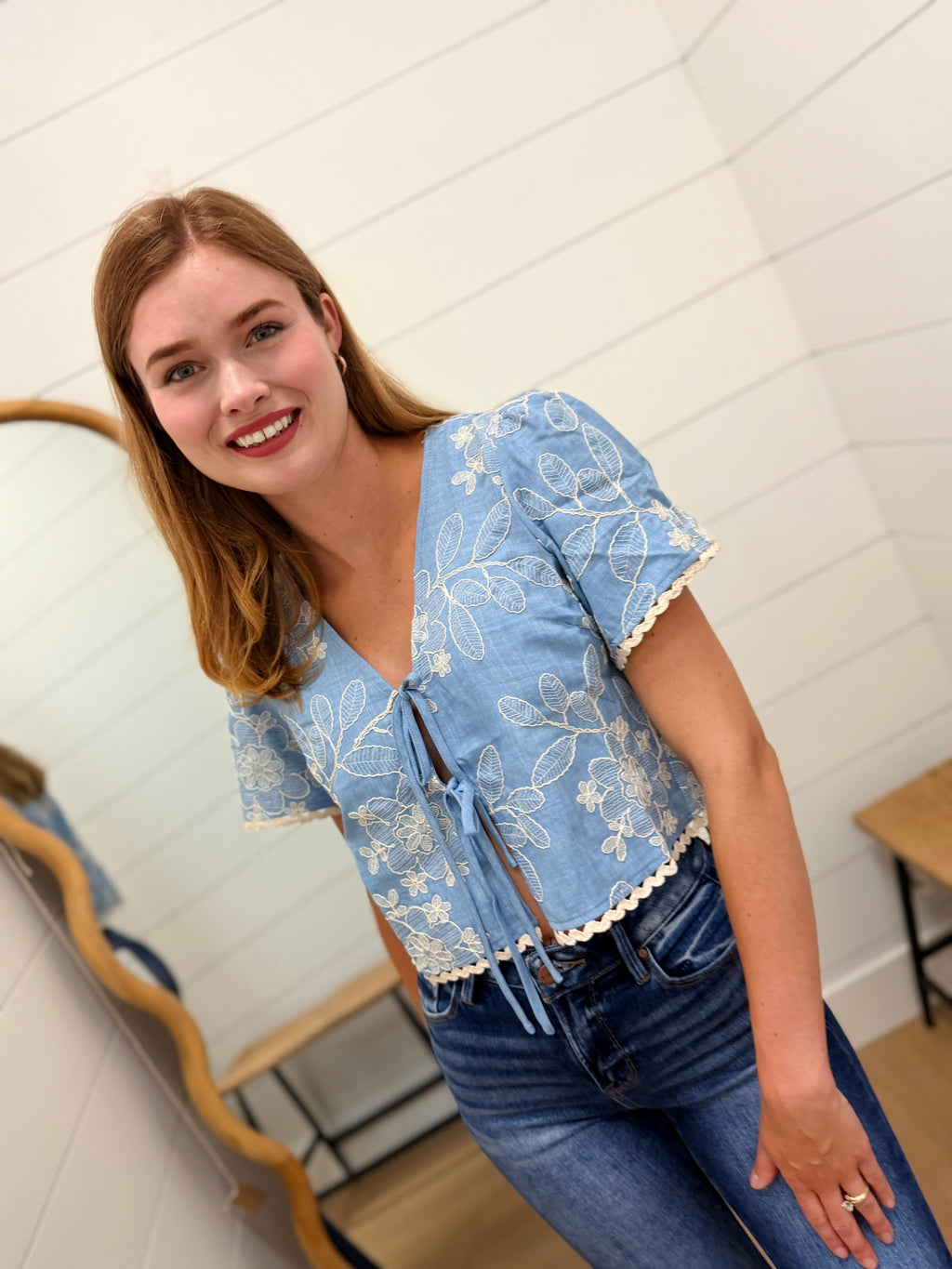Embroidered Pattern Front Tie Wavy Trim Top