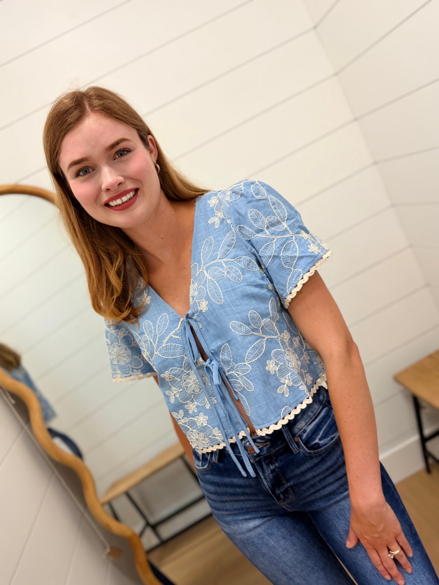 Embroidered Pattern Front Tie Wavy Trim Top