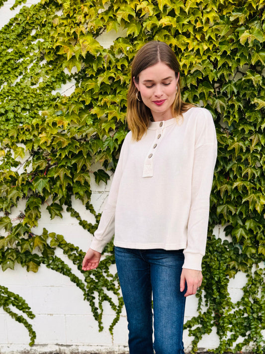 Ribbed Henley Long Sleeve Knit Top