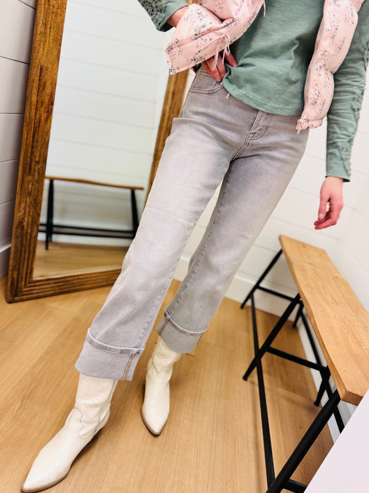 Washed Grey Mid Rise Crop Straight Jeans With Cuff - Risen