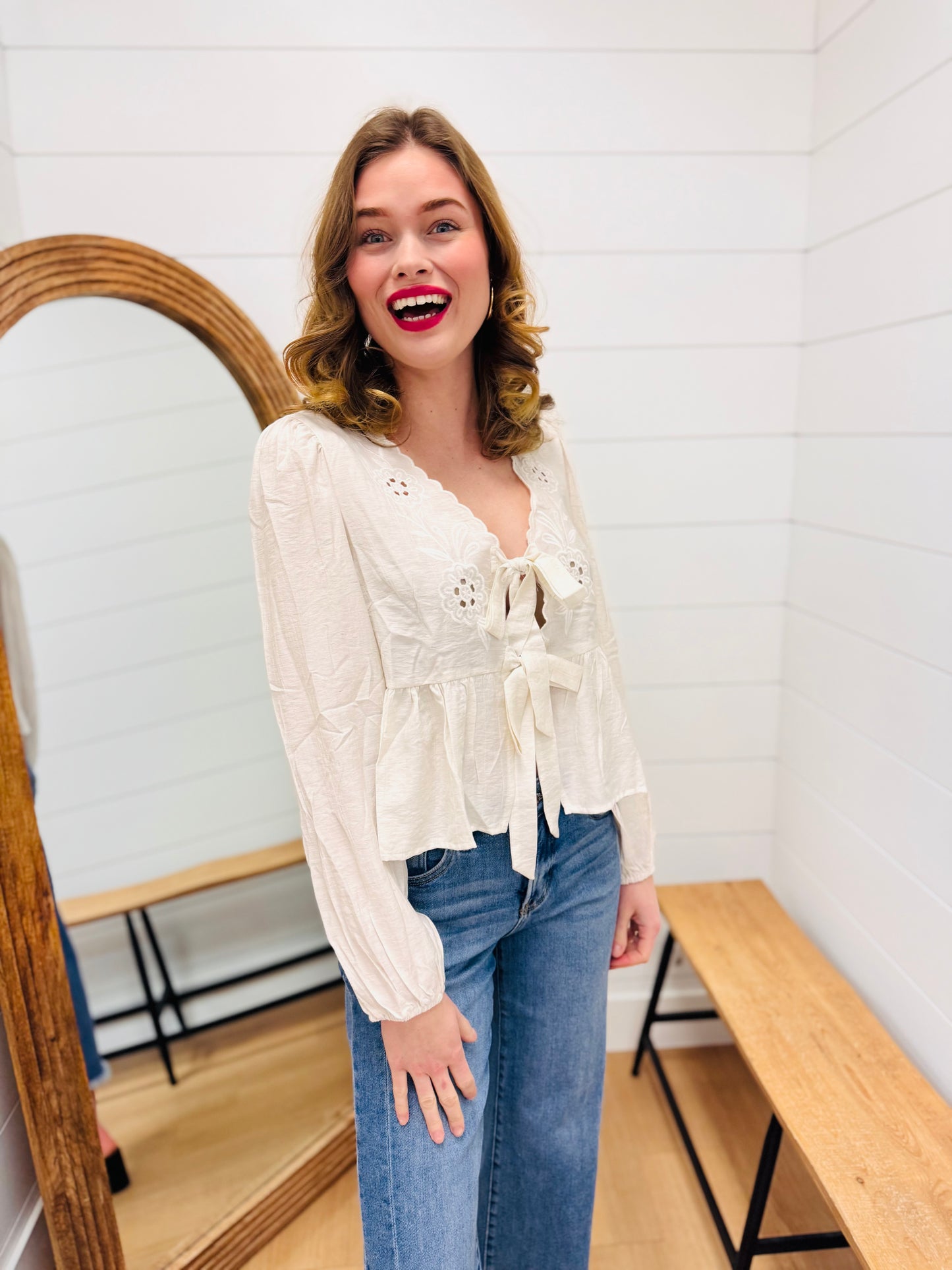 Floral Eyelet Embroidery Front Tie Long Sleeve Top