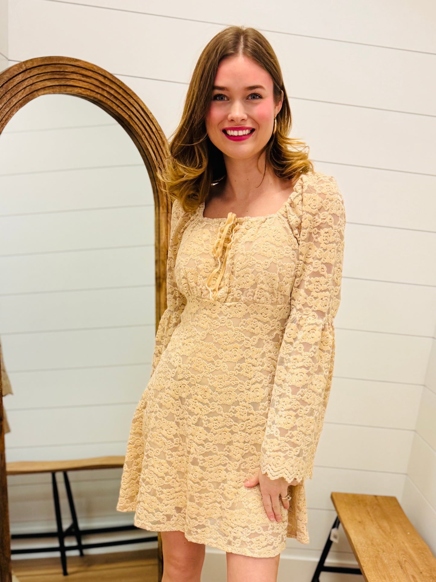 Textured Lace Bell Sleeve Dress