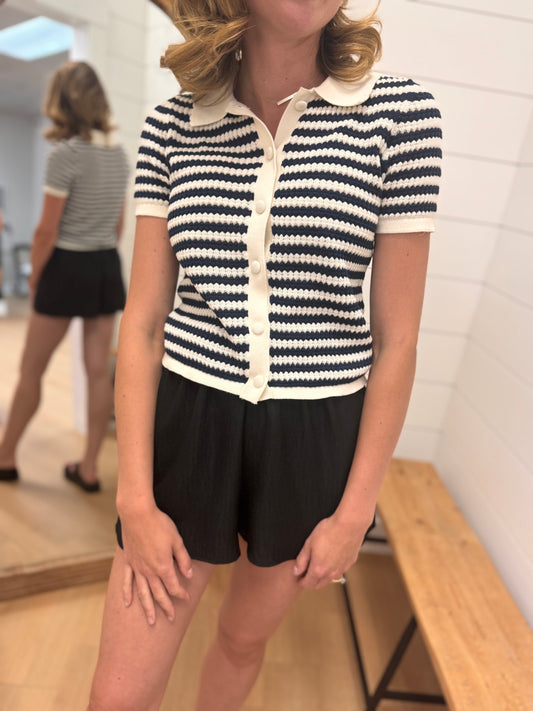 Stripe Short Sleeve Cropped Knit Cardigan