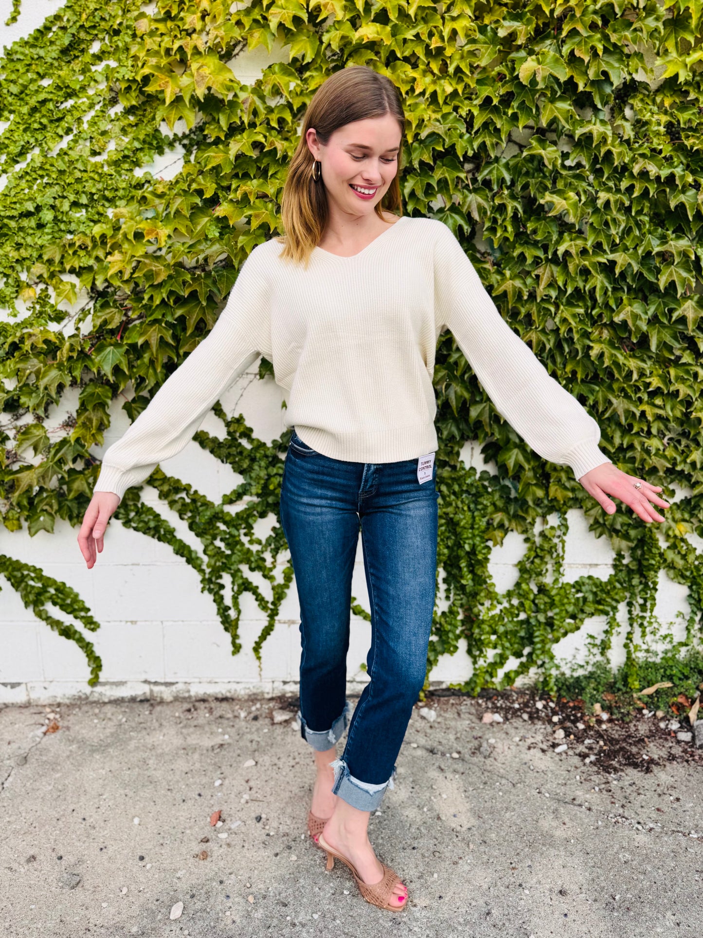 V Neck Drop Shoulder Back Bow Tie Detail Sweater