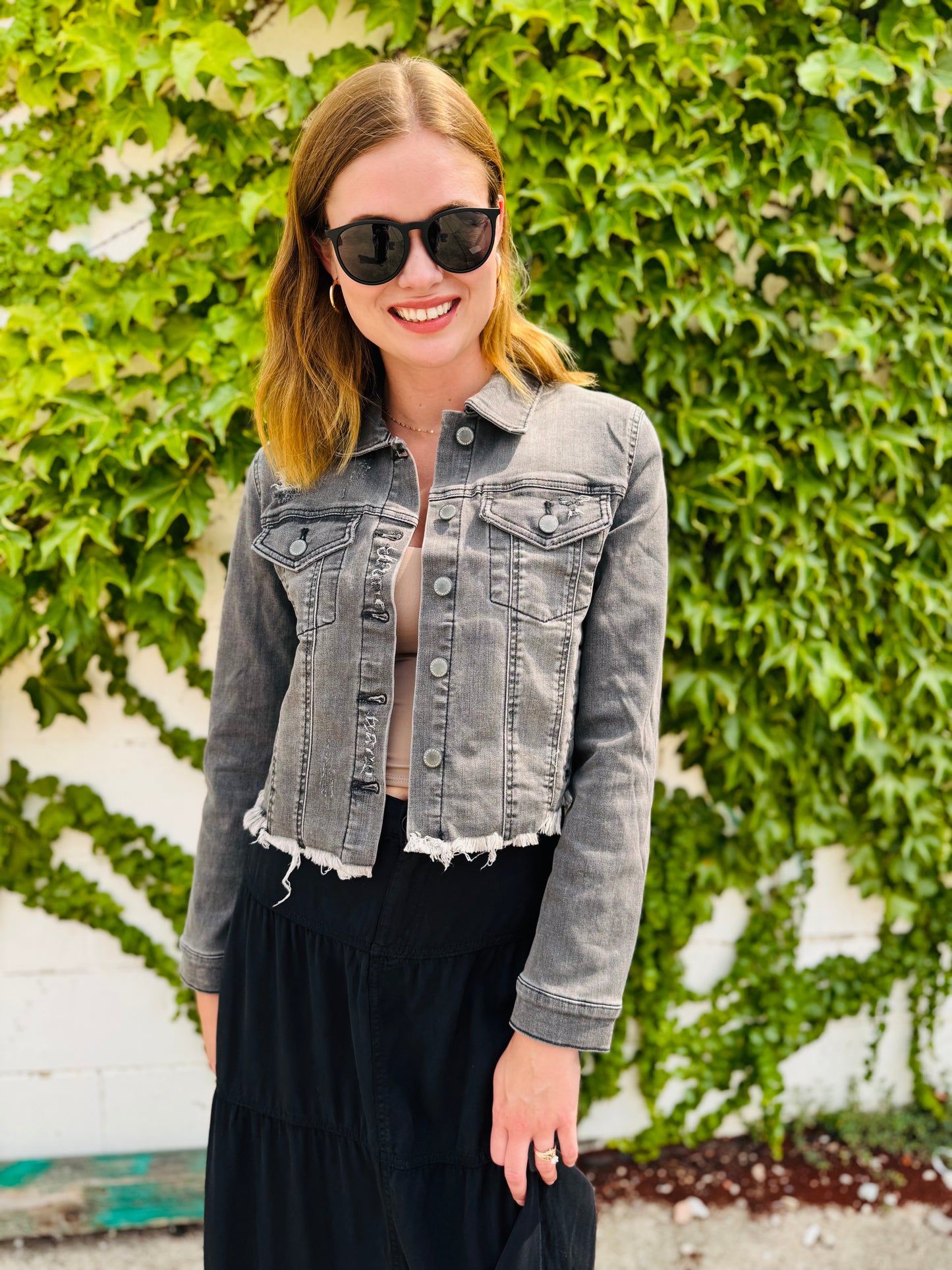 Frayed Hem Grey Washed Jacket - Risen