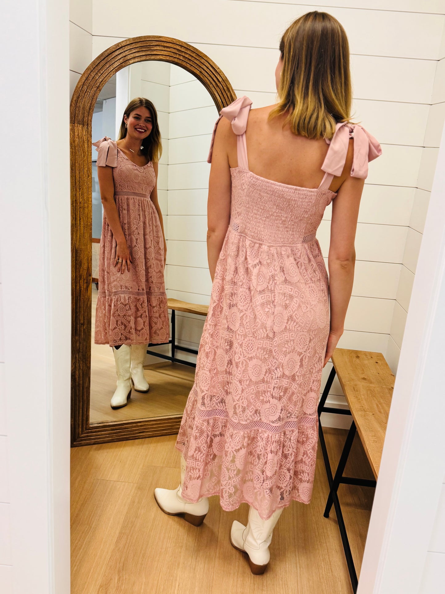 Dusty Pink Lace Tie Strap Midi Dress