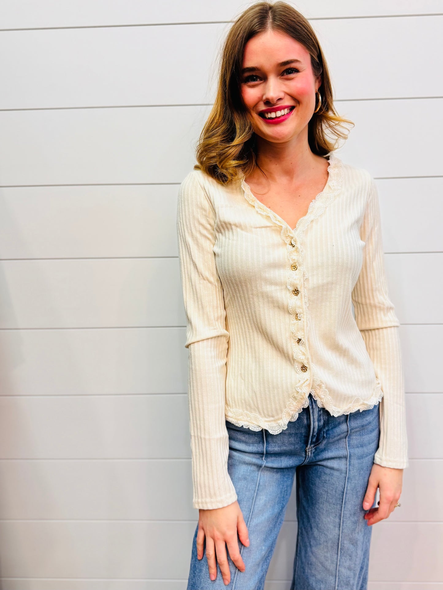 Button Down Lace Trim Fitted Knit Top