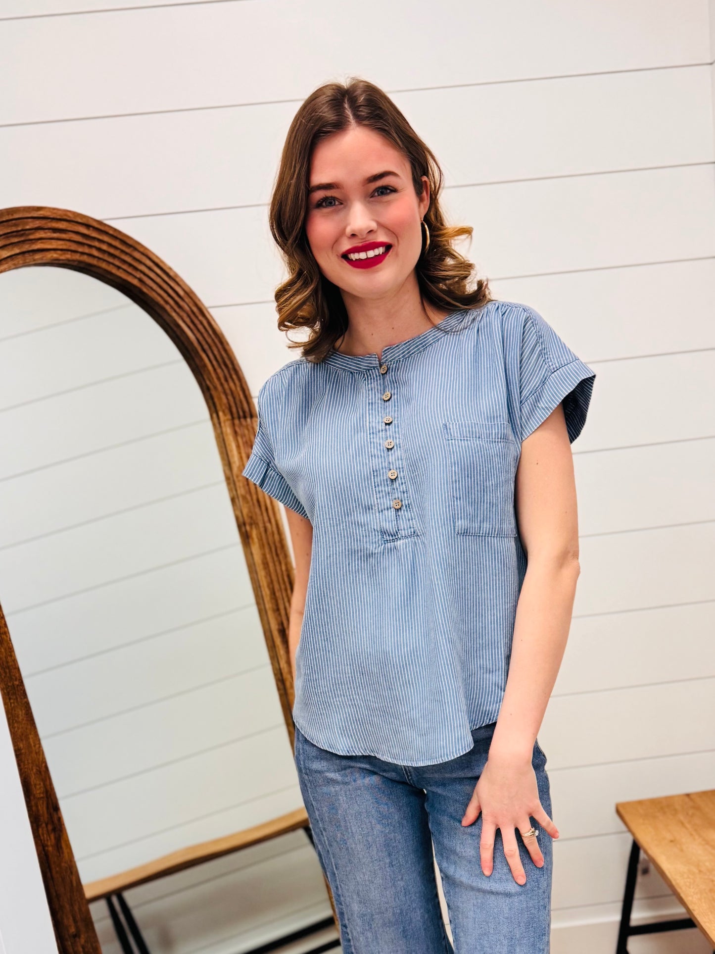 Stripe Chambray Henley Ruched Detail Top