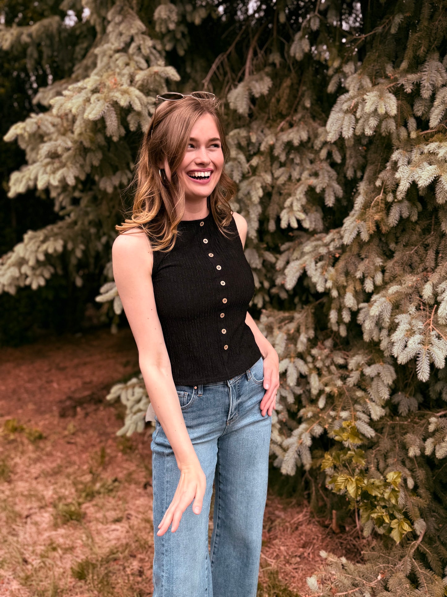 Textured Button Sleeveless Top