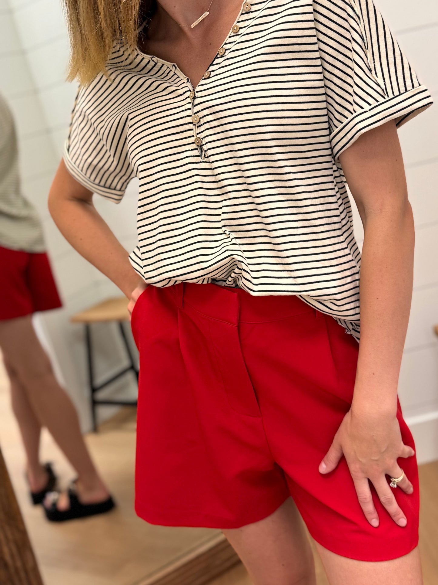 Ivory & Black V Neck Top with Button detail