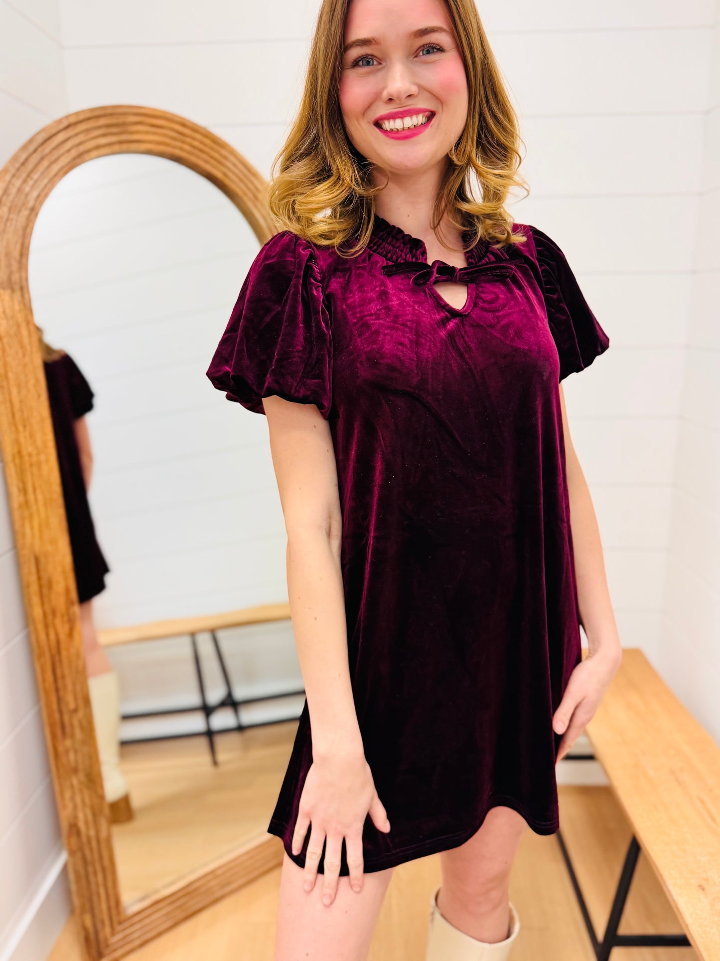 Puff Sleeve Velvet Holiday Mini Dress