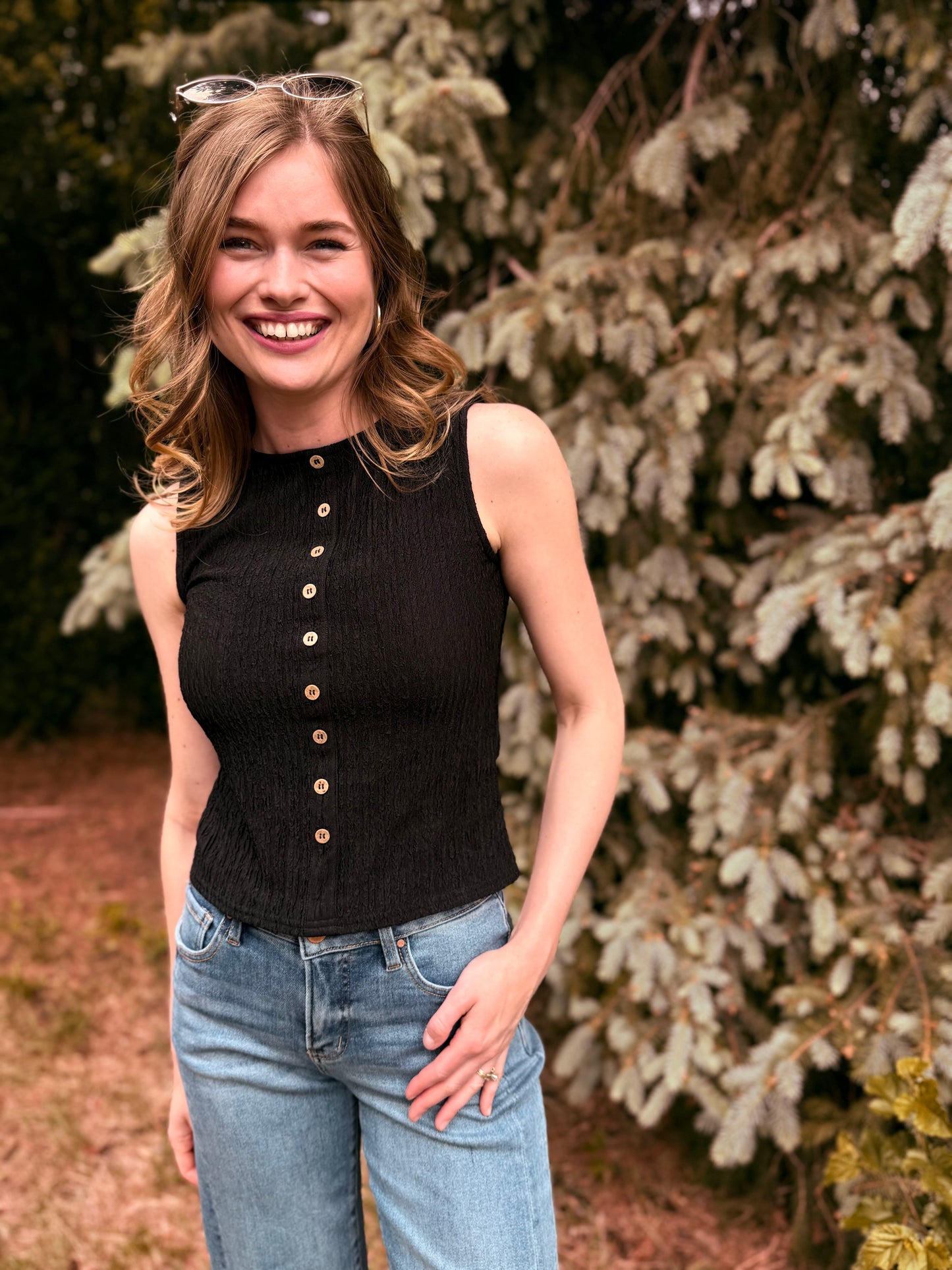 Textured Button Sleeveless Top