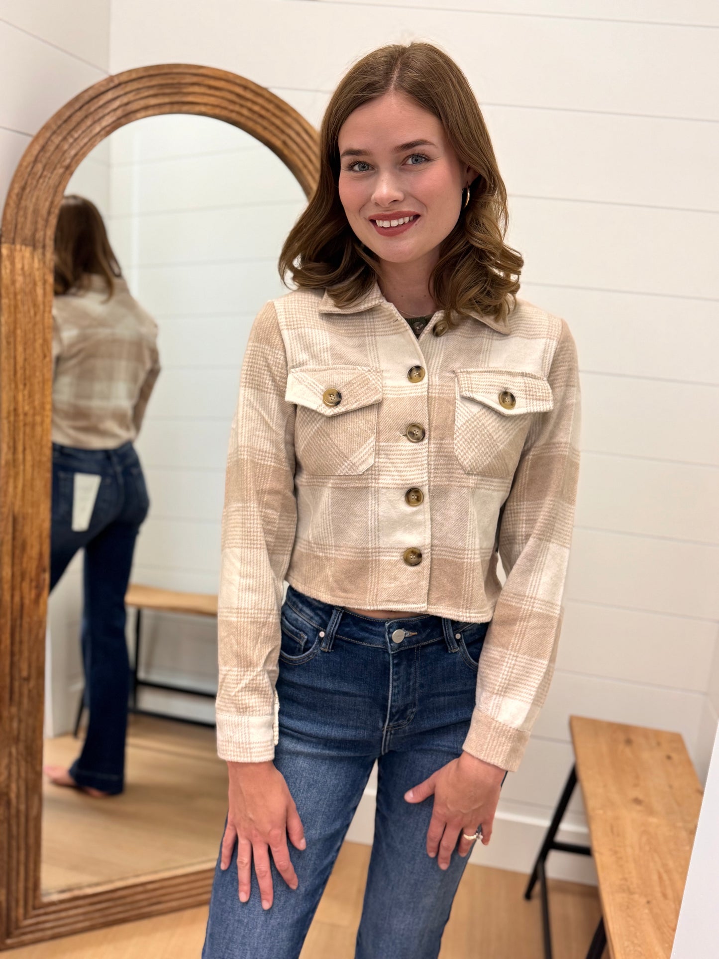Cropped Casual Plaid flannel Jacket - Cream + Taupe