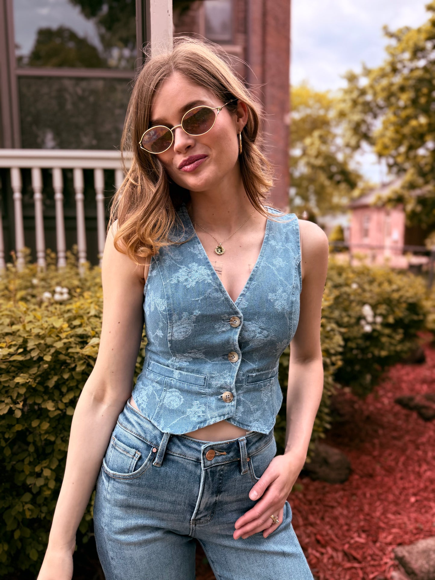 Floral Jacquard Button Down Denim Vest