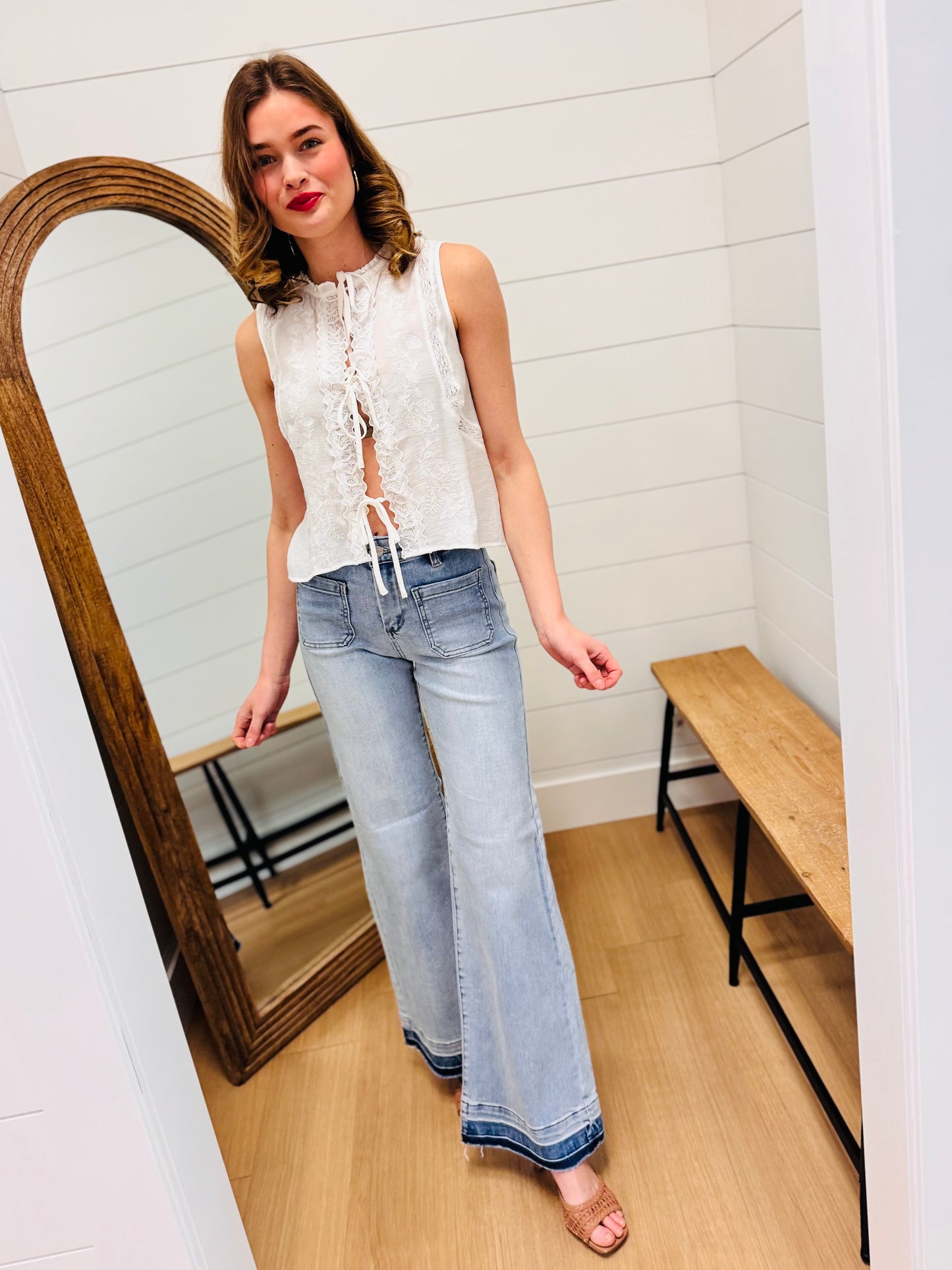 Lace Front Tie Sleeveless Blouse