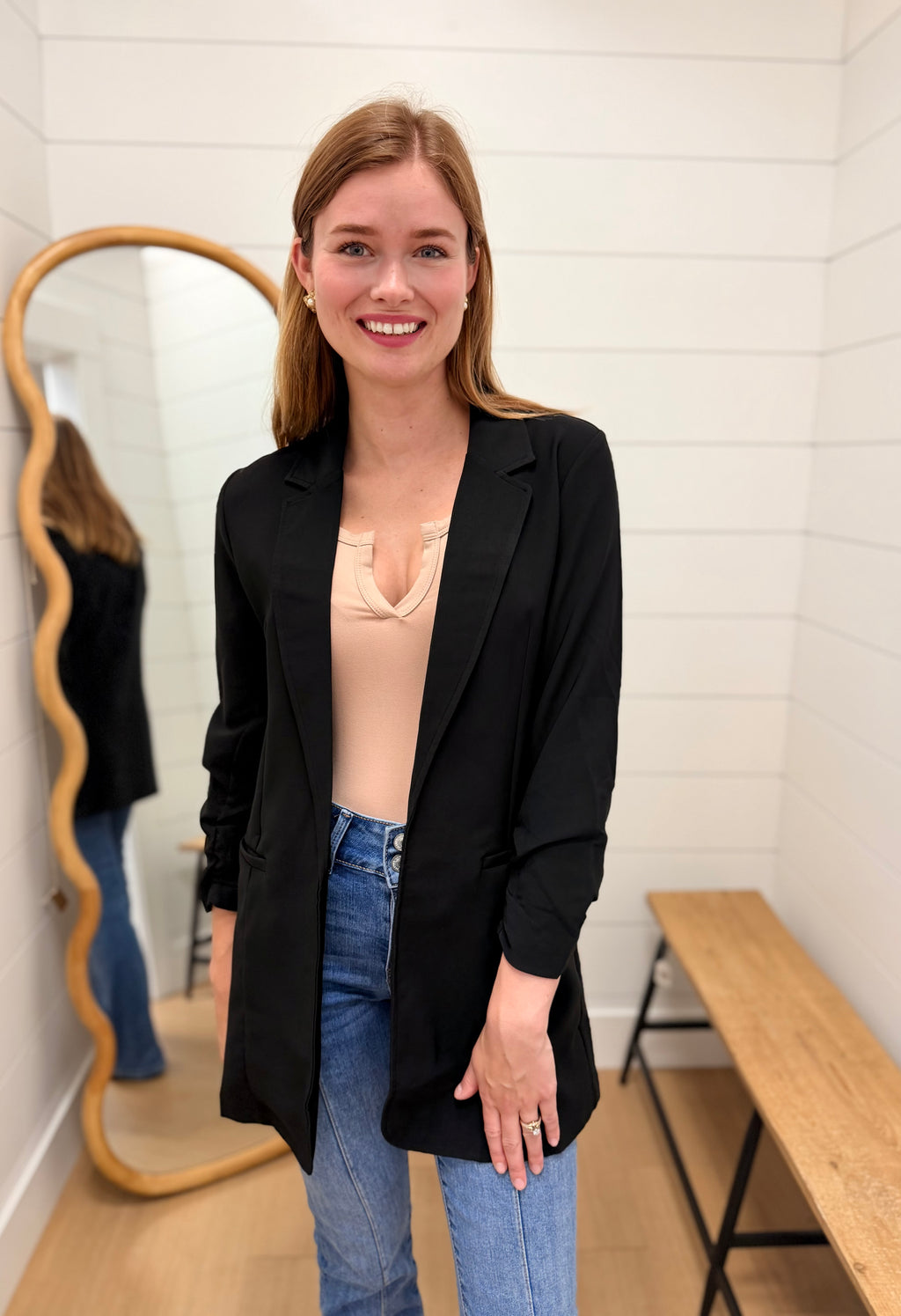 Black Ruched Sleeve Open Front Long Blazer