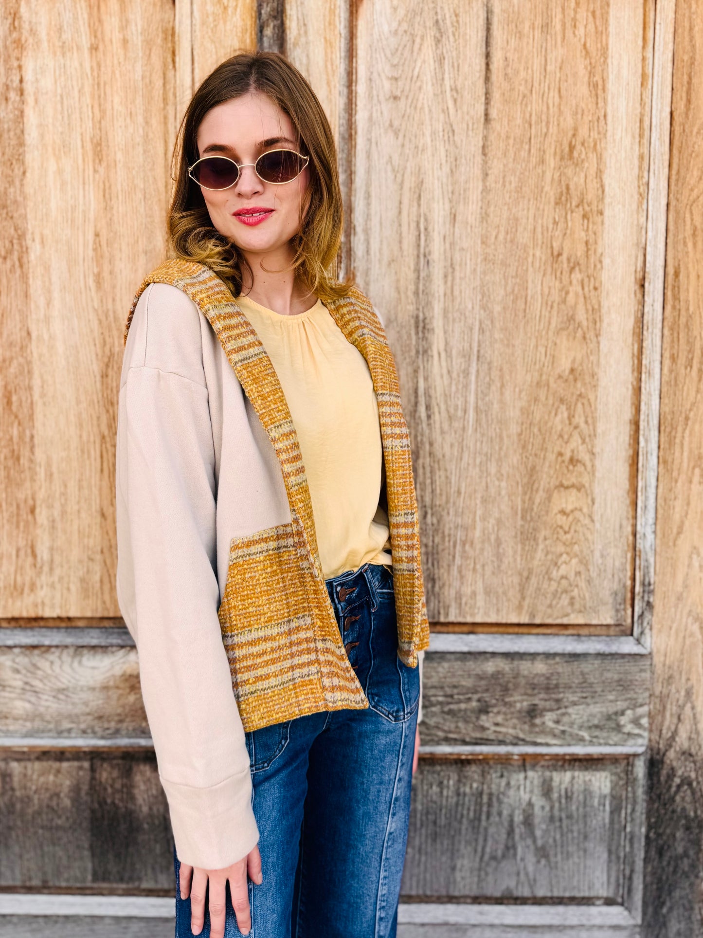 Open Front Pockets Plaid Hooded Cardigan