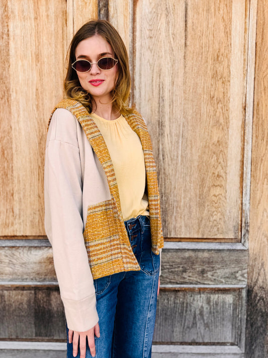 Open Front Pockets Plaid Hooded Cardigan