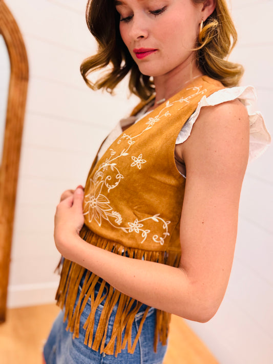 Embroidered Suede Fringe Open Vest, SM-3XL