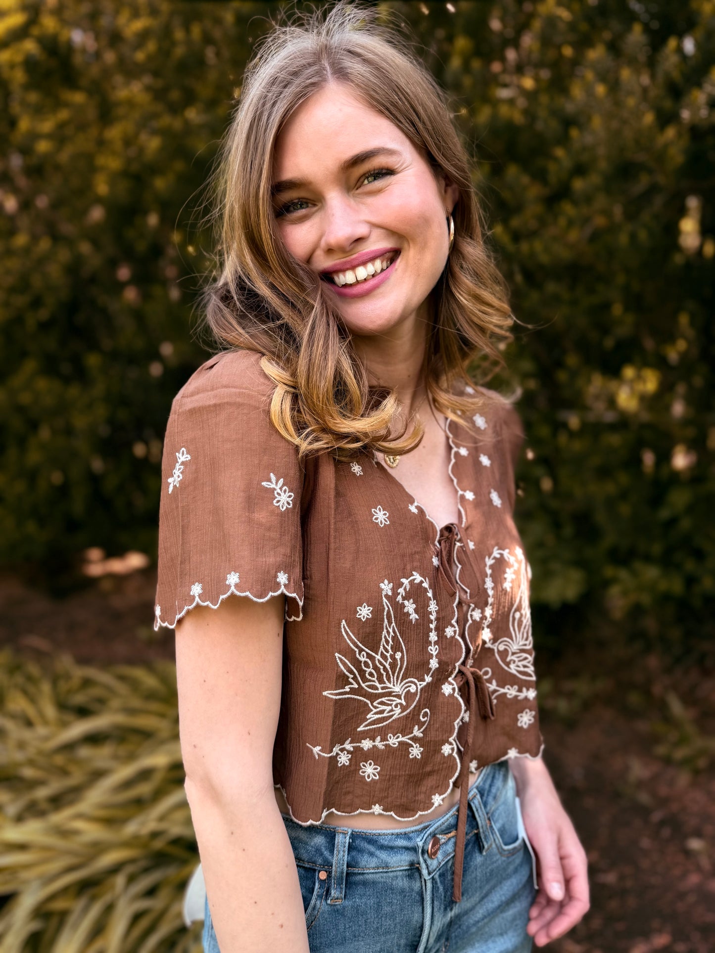 Bird Embroidery Short Sleeve Front Tie Top