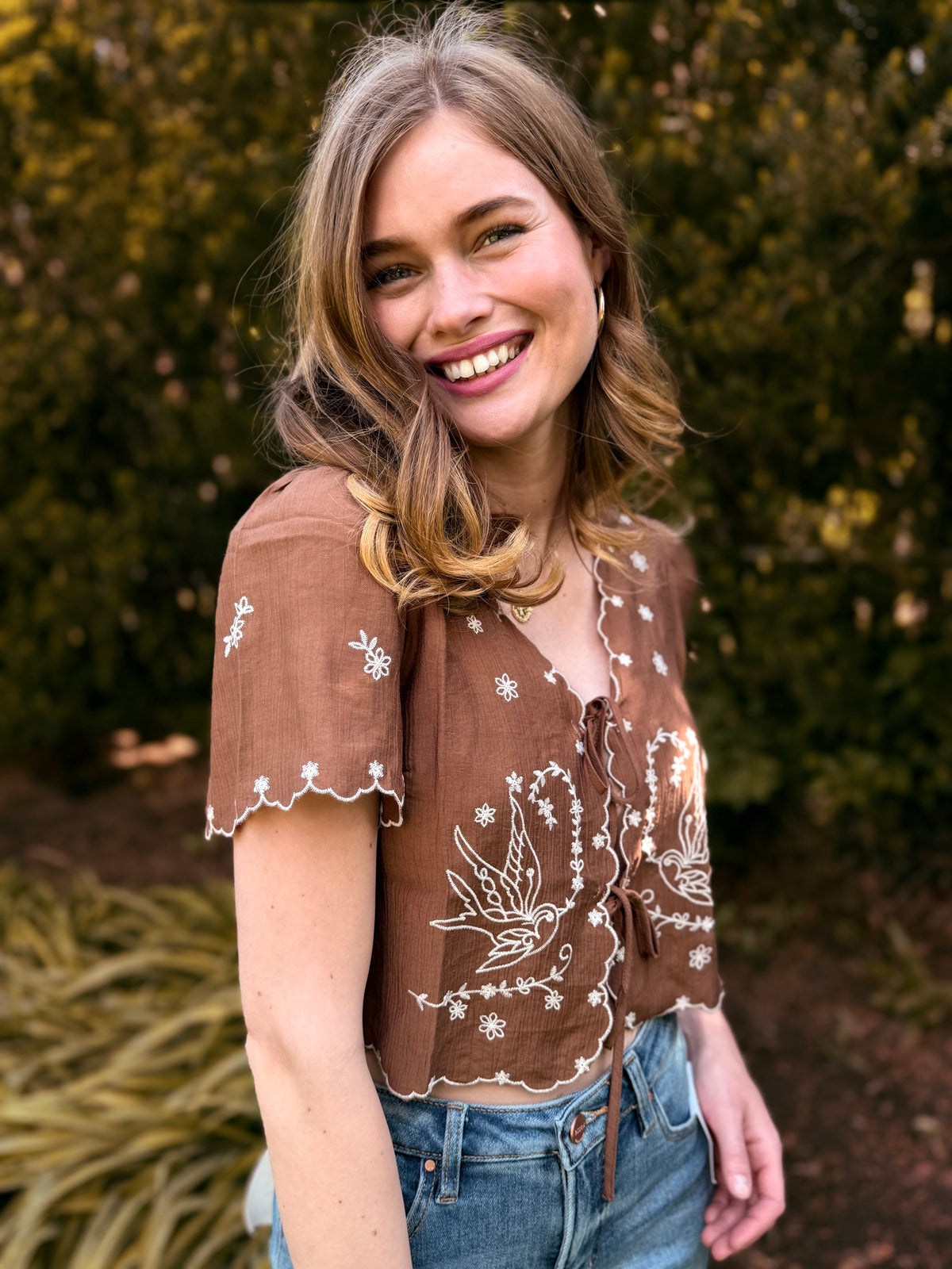 Bird Embroidery Short Sleeve Front Tie Top