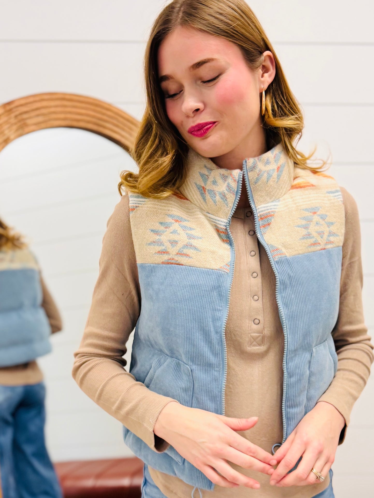 Aztec Graphic Corduroy Casual Puffer Vest