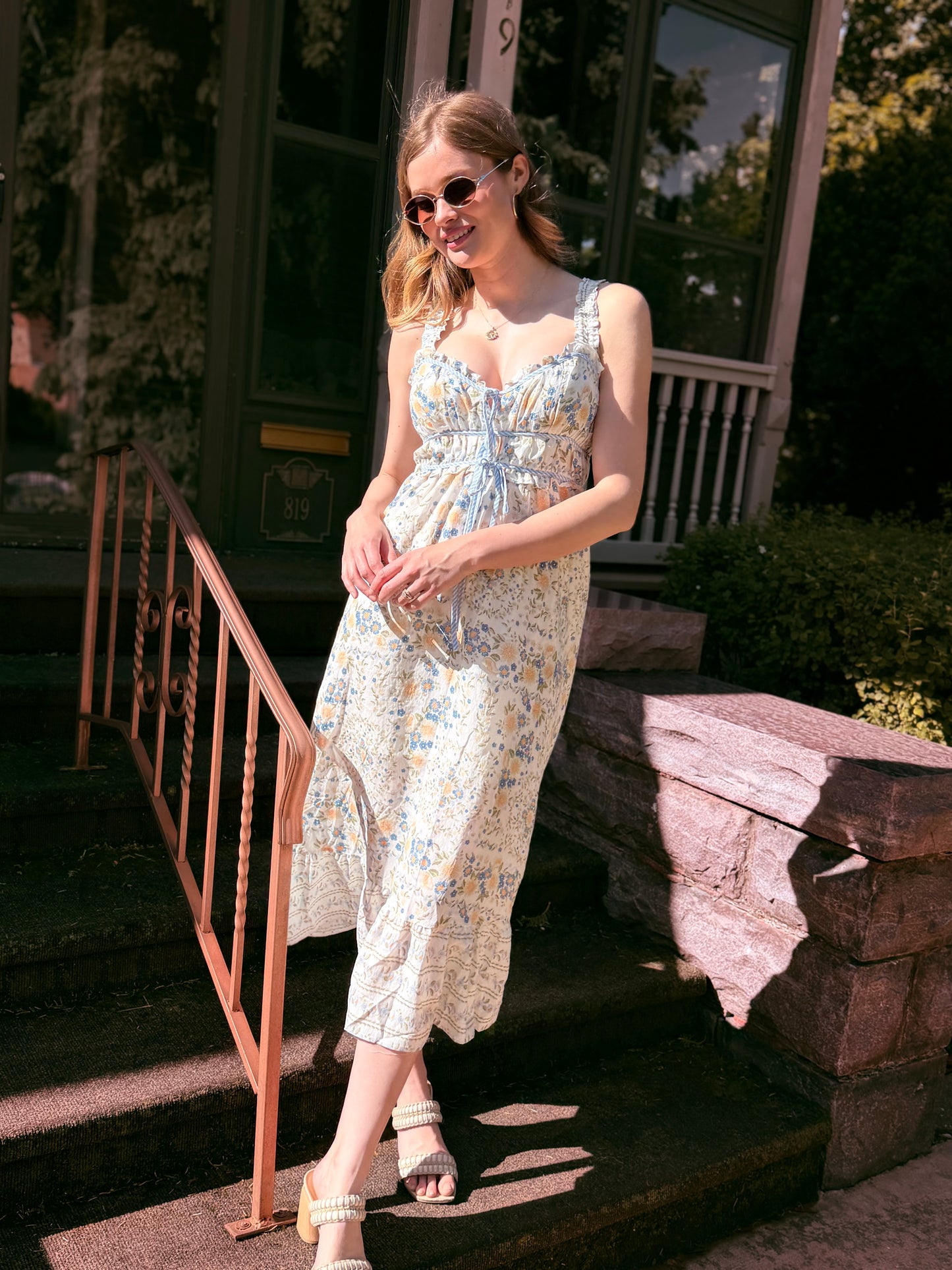Border Floral Sleeveless Front Tie Midi Dress