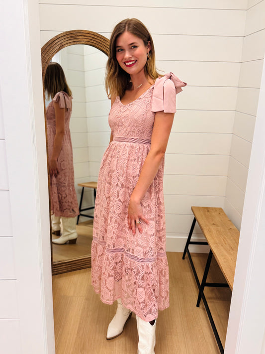Dusty Pink Lace Tie Strap Midi Dress