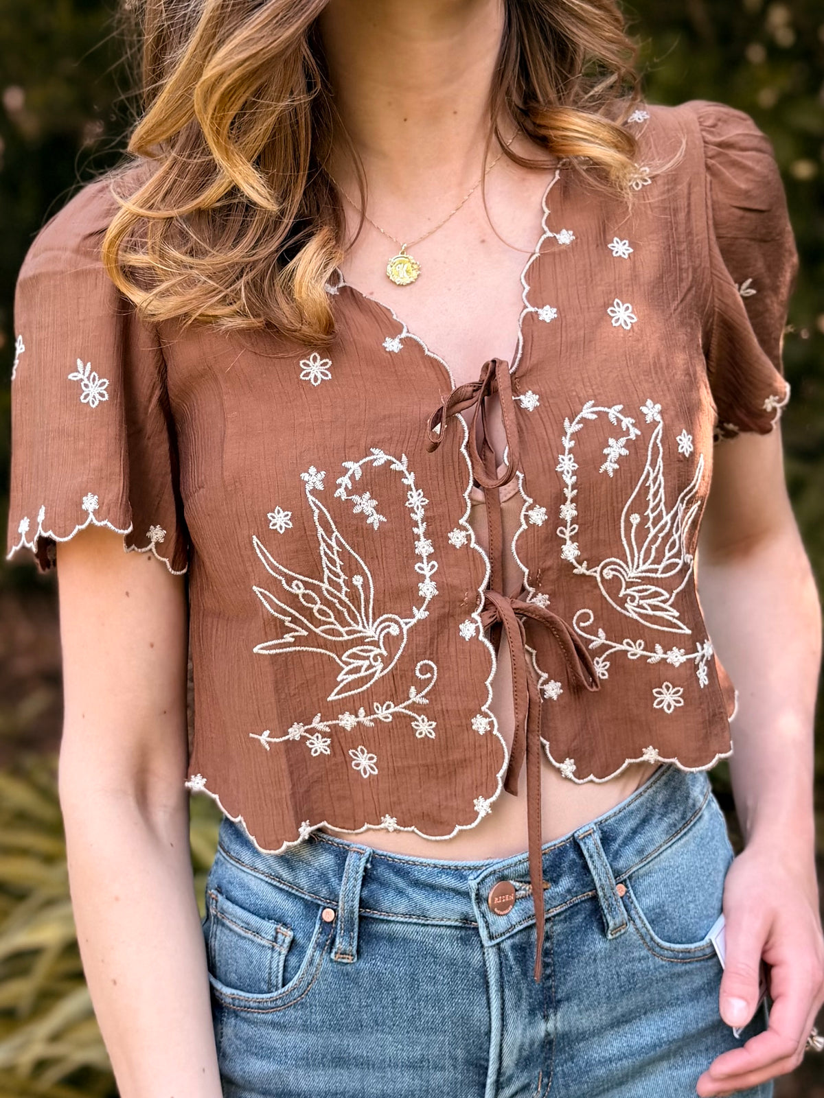 Bird Embroidery Short Sleeve Front Tie Top