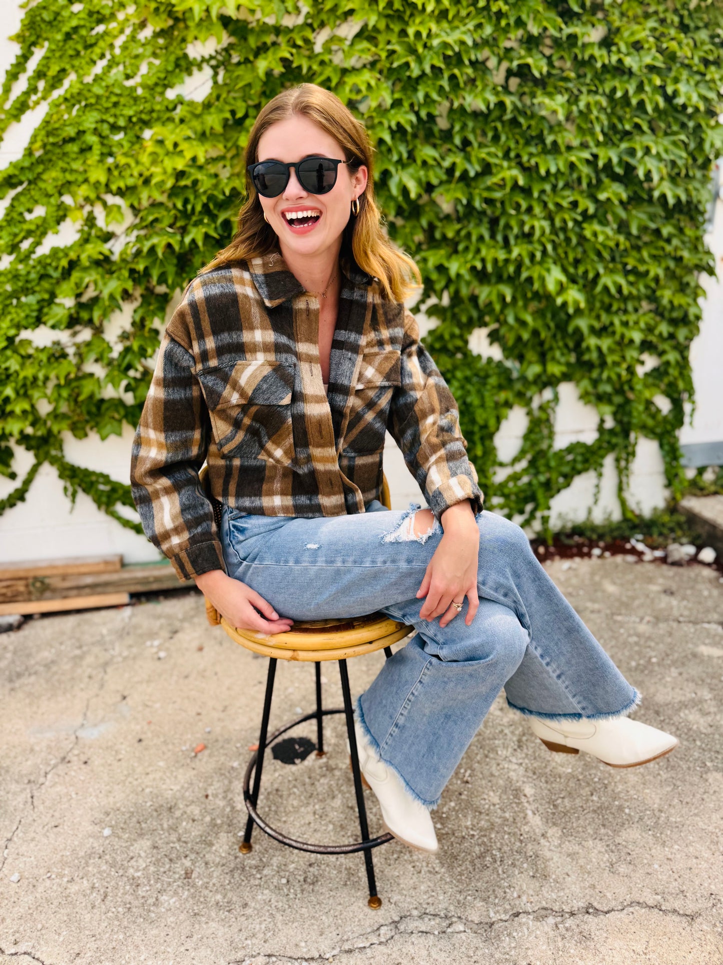 Button-down Short Plaid Shacket - Brown