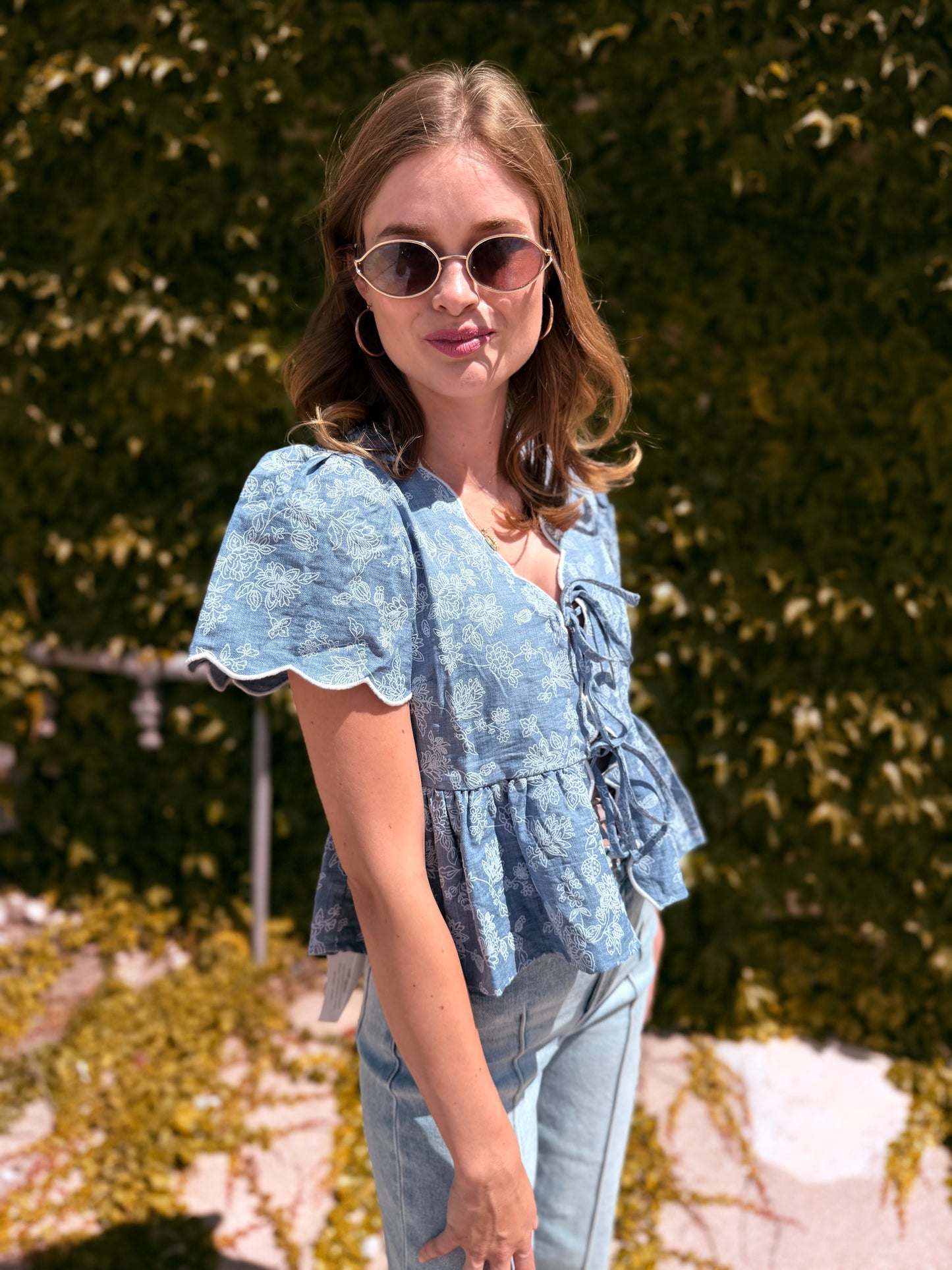 Floral Embroidery Front Tie Scalloped Peplum Top - Chambray