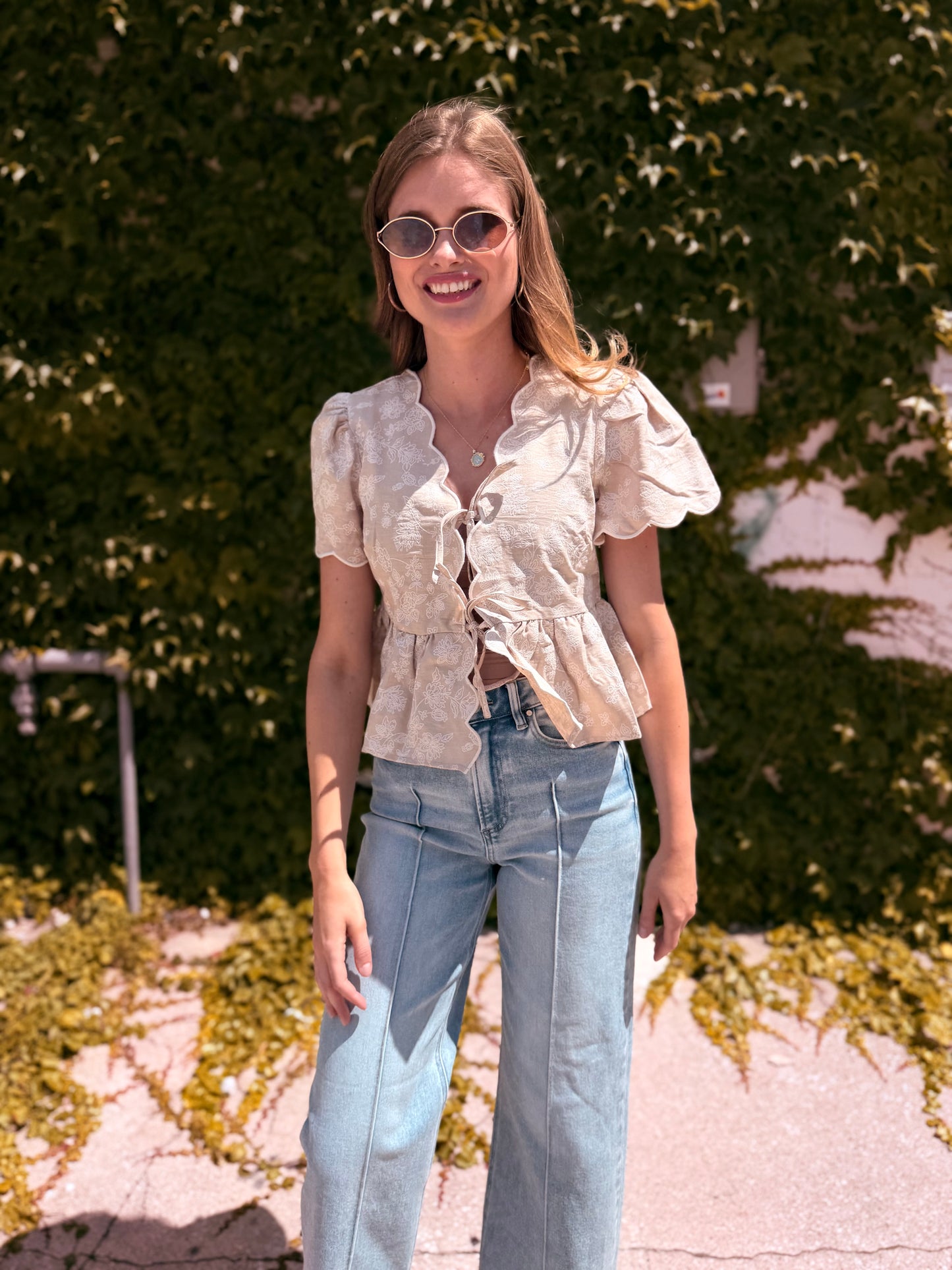 Floral Embroidery Front Tie Scalloped Peplum Top - Khaki