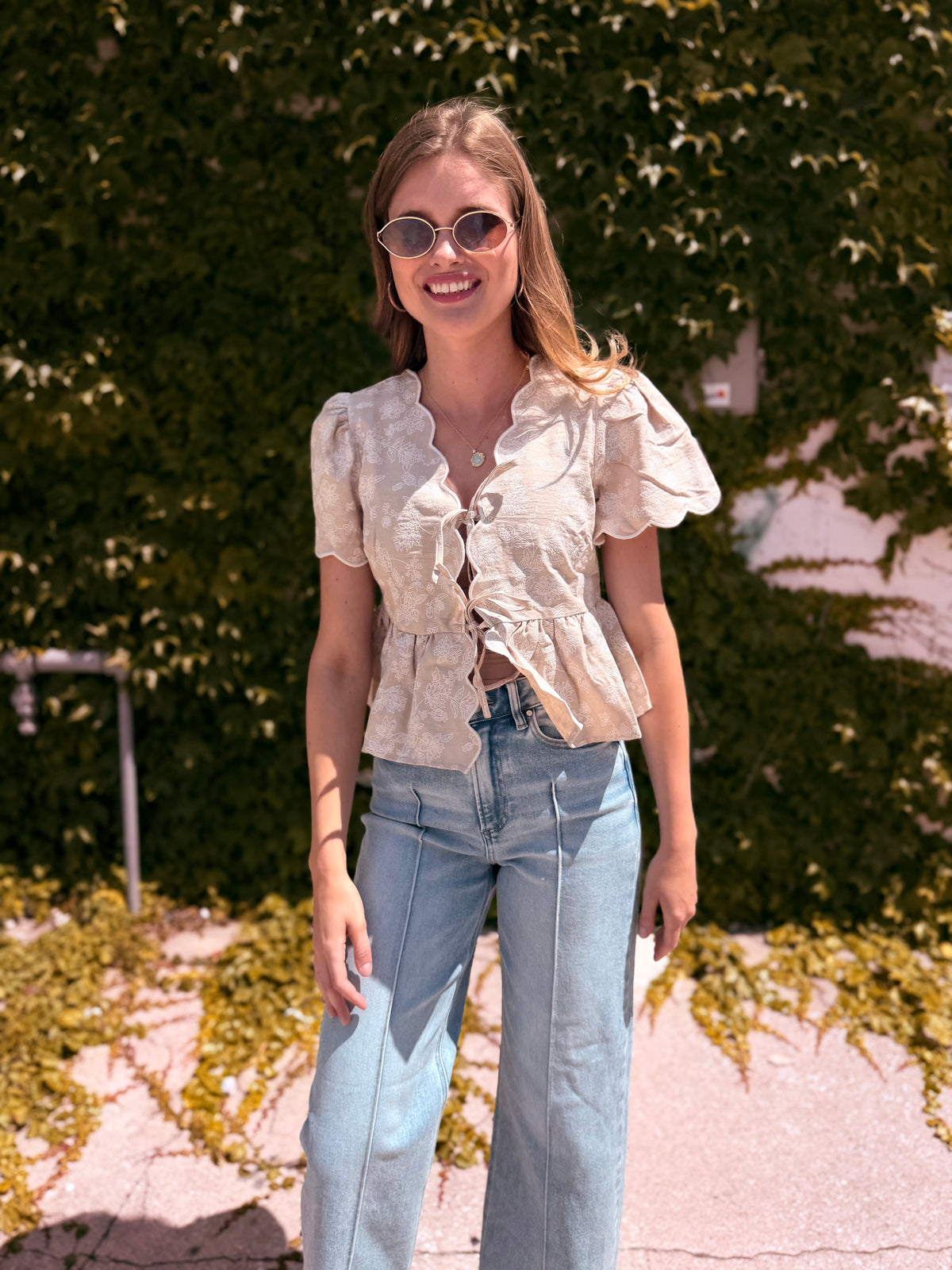 Floral Embroidery Front Tie Scalloped Peplum Top - Khaki