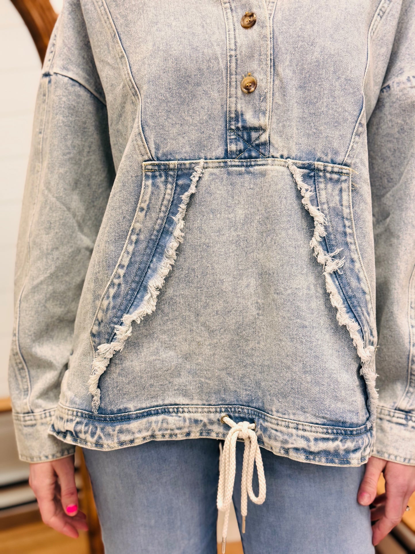 Washed Denim Hoodie Pullover Top
