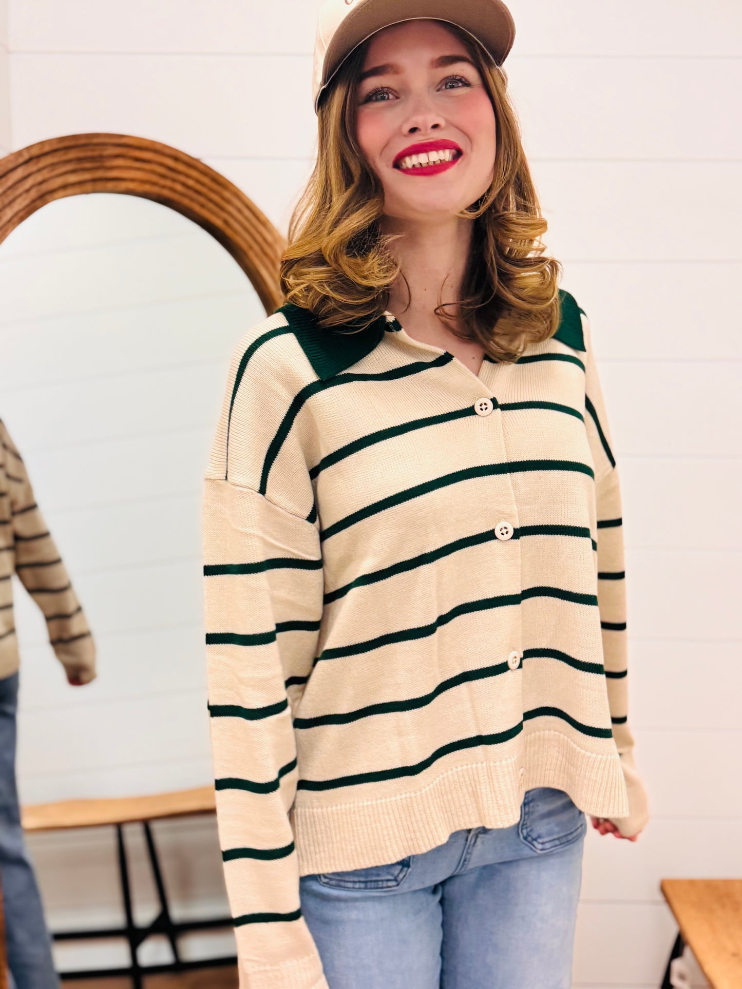 Button Down Sweater with Contrast Stripes and Collar
