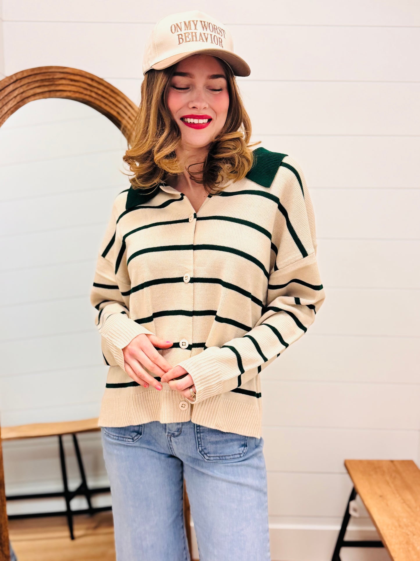 Button Down Sweater with Contrast Stripes and Collar