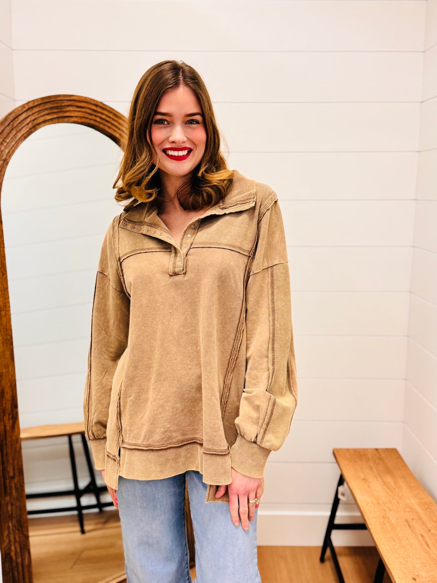 Half Button Down Pullover - Mocha