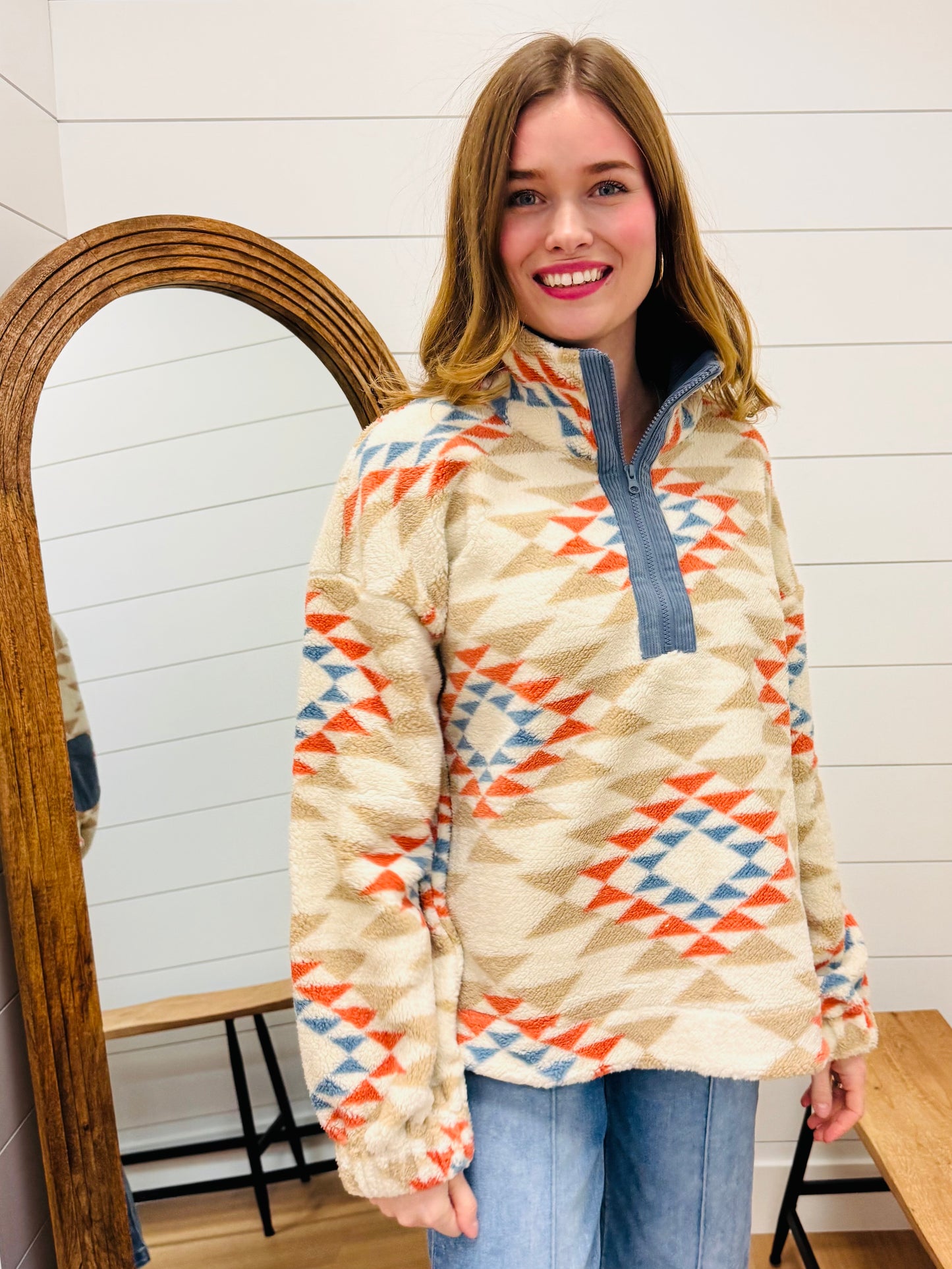 Half Zip Up Aztec Fleece Pullover Top