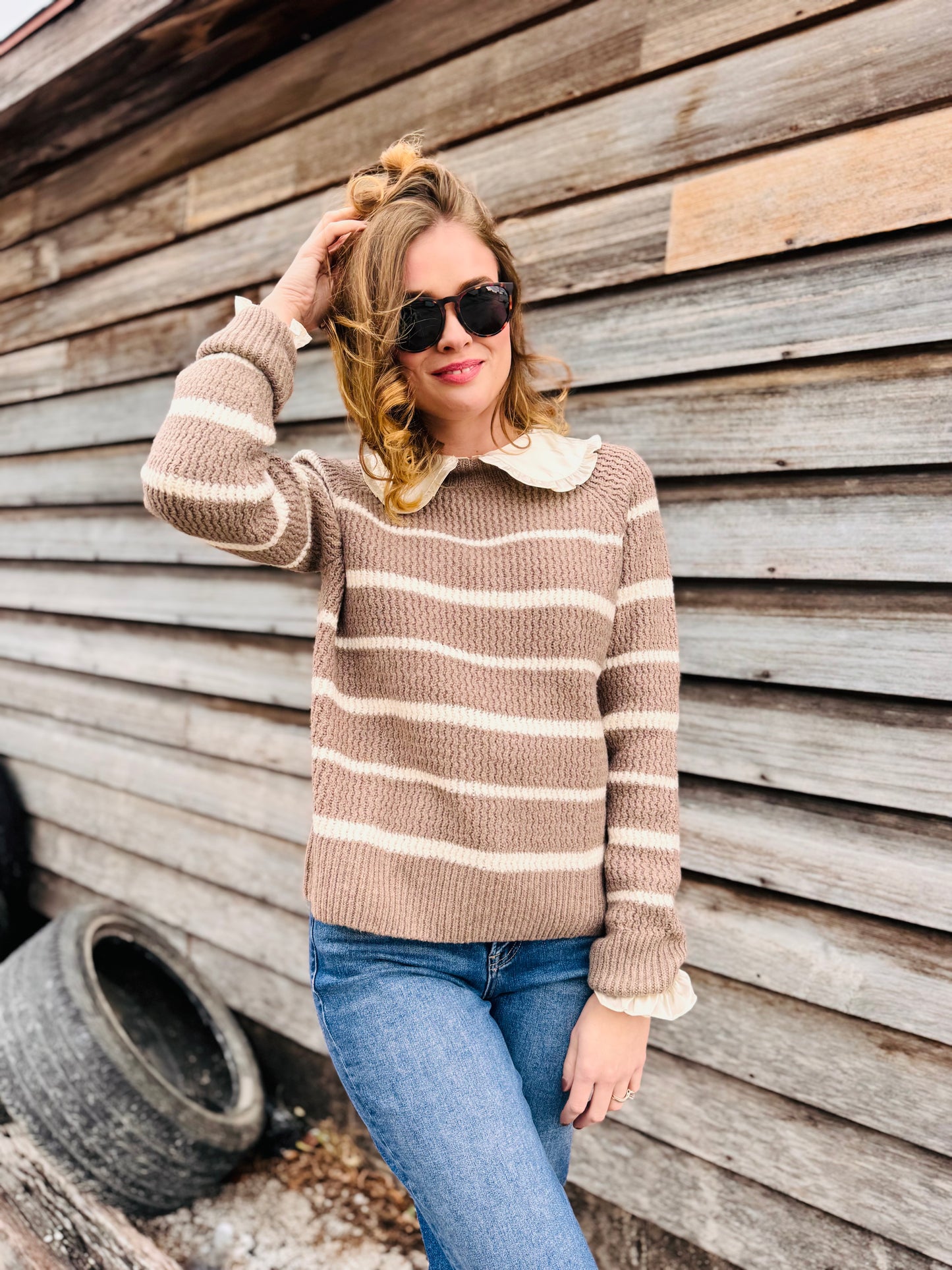 Stripe High Neck Knit Pullover Sweater (NO Satin Collar)