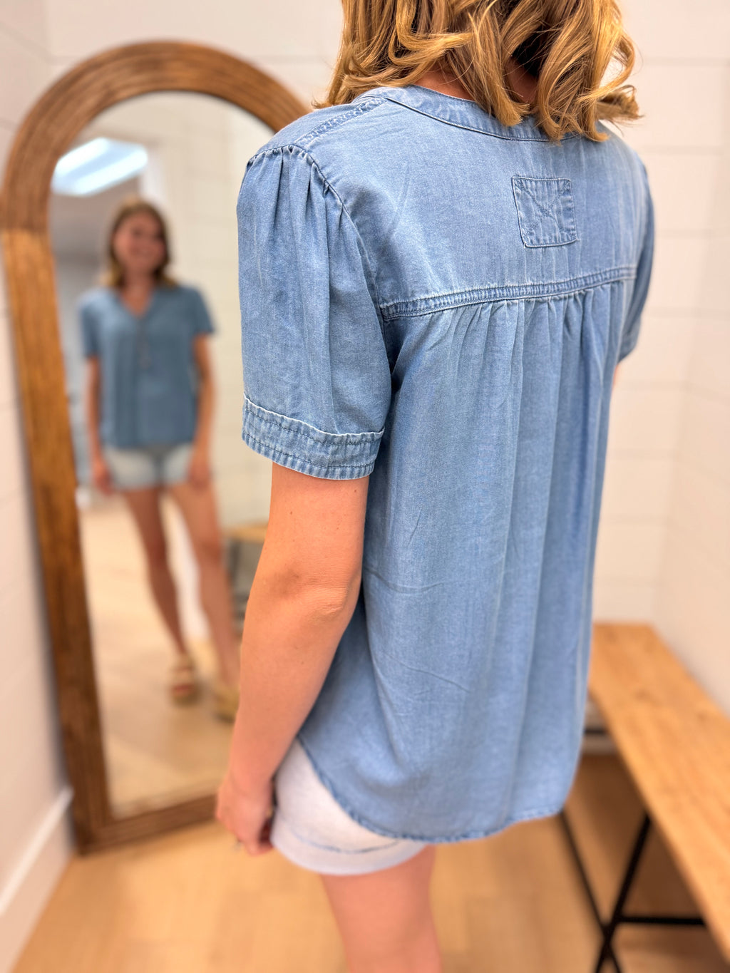 Chambray Half Button Down Top