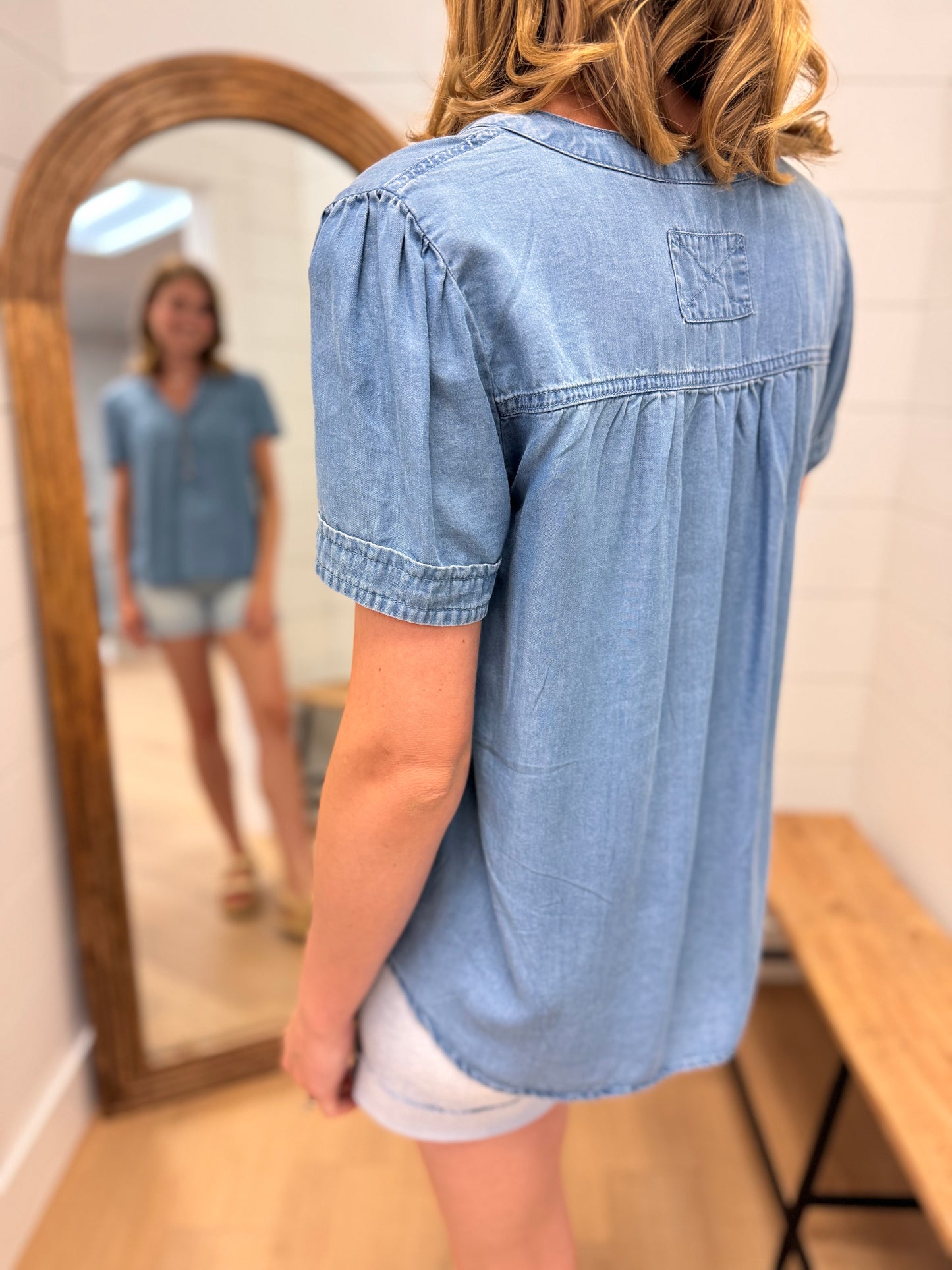 Chambray Half Button Down Top