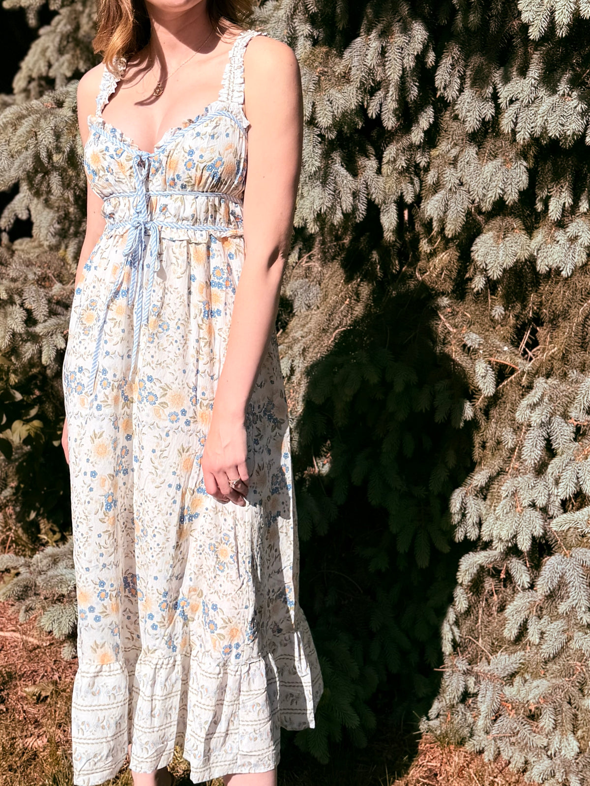 Border Floral Sleeveless Front Tie Midi Dress