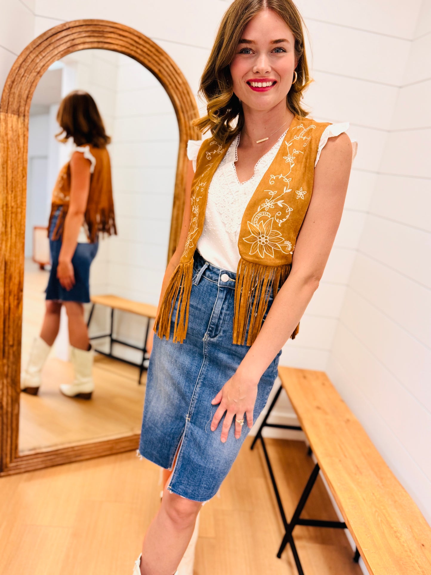 Embroidered Suede Fringe Open Vest, SM-3XL